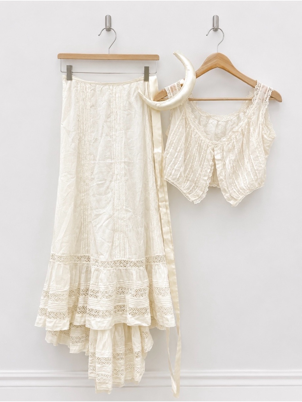 Antique Victorian Edwardian Style Ivory Cotton Petticoat, Panel Top, & Headband